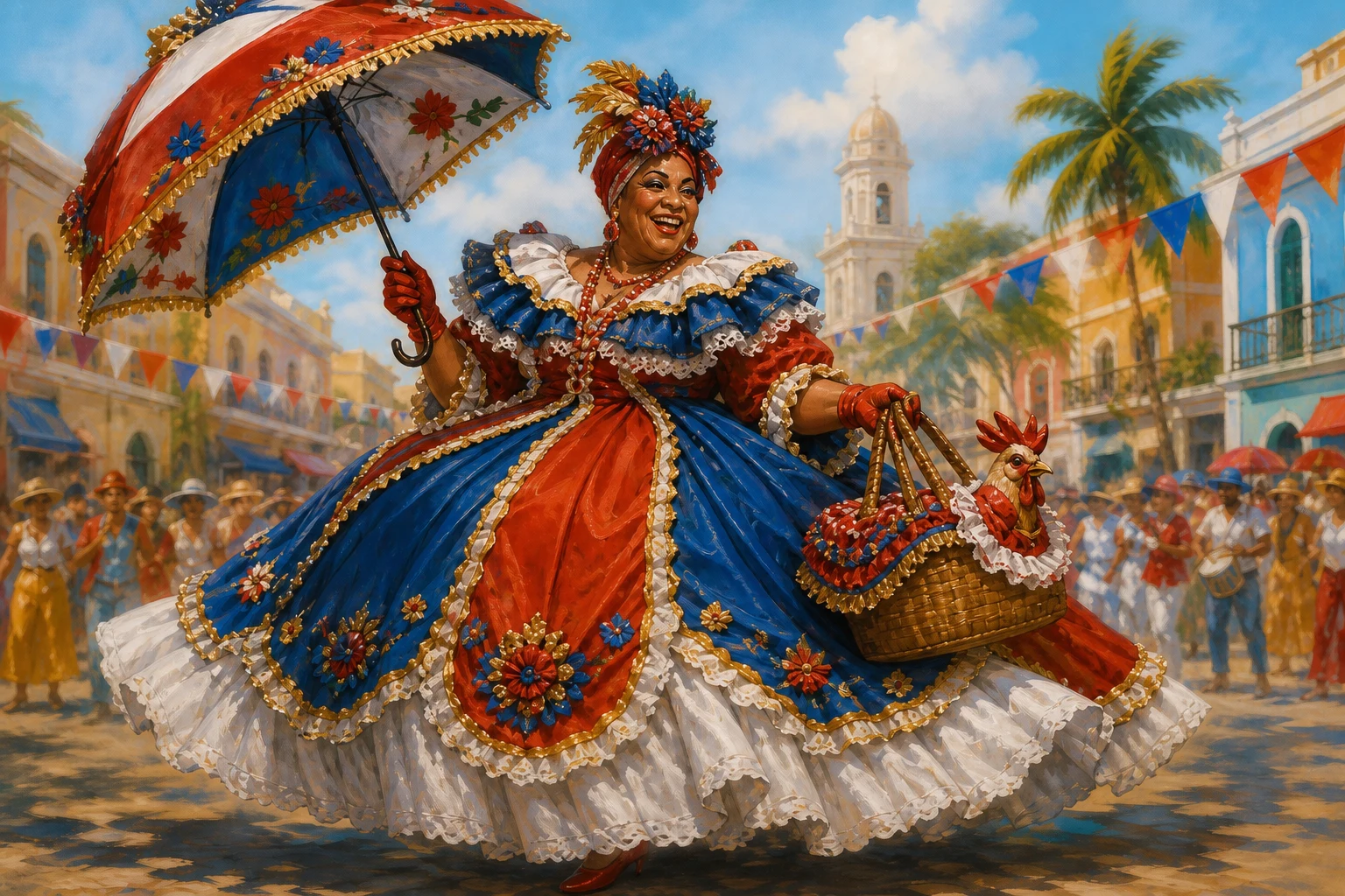 Editorial illustration of the colorful Roba La Gallina Carnaval character