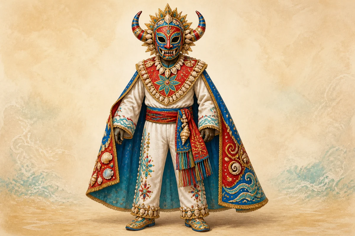 Editorial illustration of a Puerto Plata Taimáscaro in an ornate mask, cape, and seashell-trimmed costume